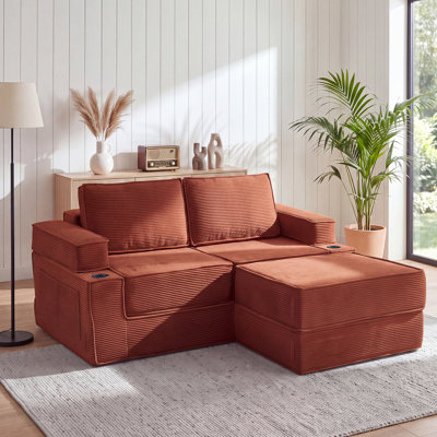 74.8" Corduroy Foldable Futon Sofa Bed Queen-Size Floor Sleeper Couch Bed With Cupholders and Side Pockets - No Assembly Required, Orange