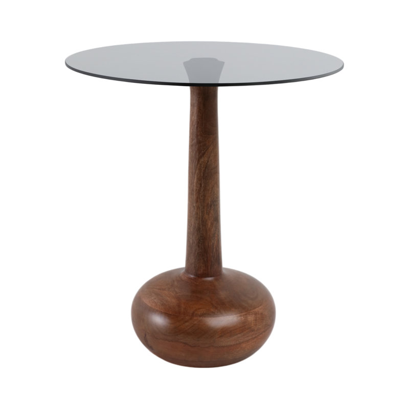 Elegant Glass-Top Wood Pedestal Side Table for  Living Room Accent - Sculptural Narrow End Table for Entryway Styling - 21", Brown & Clear