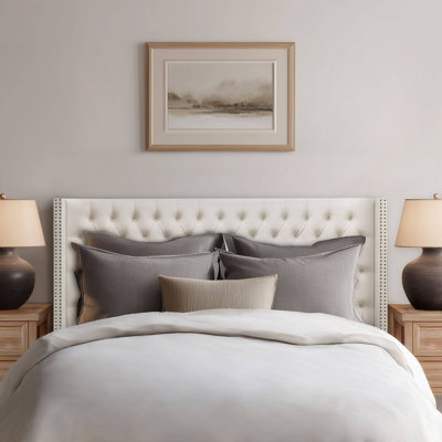 Ashwin Beige Velvet Wingback Queen Upholstered Headboard with Button Tufting & Nailhead Trim