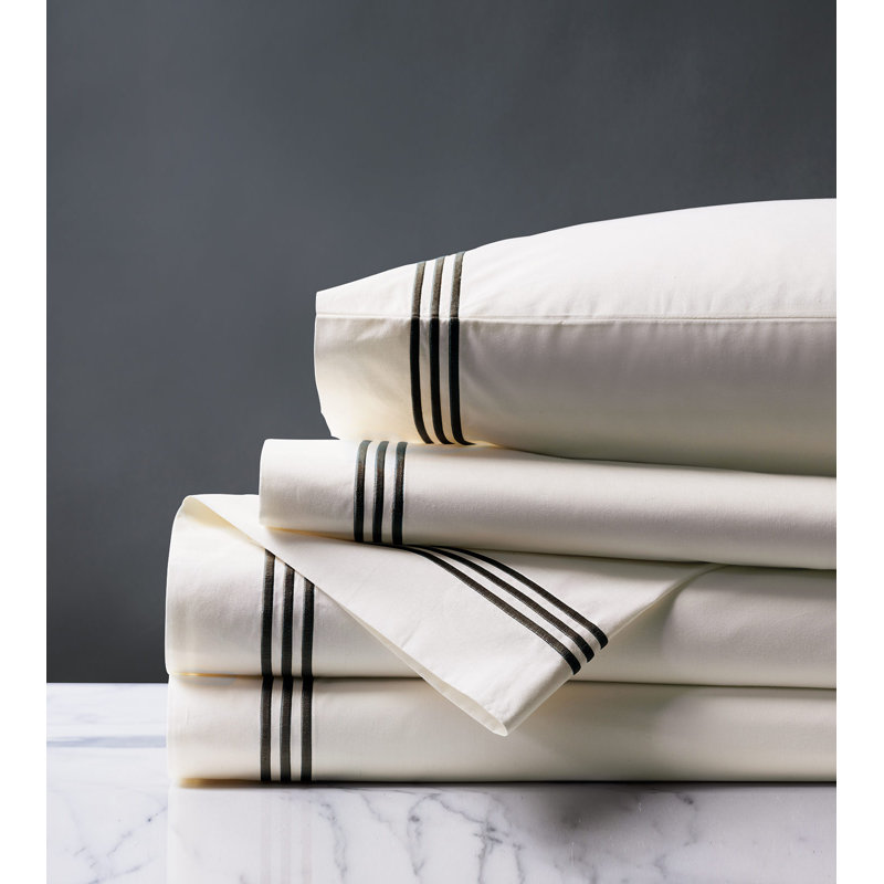 Tessa 100% Cotton Percale Sheet Set, California King Sheet Set + 2 Pillowcases, Ivory/Black