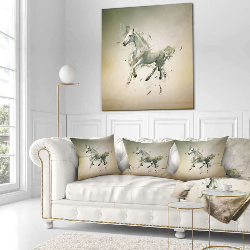 Cheval blanc en mouvement sur fond brun - coussin imprimé animal, 16 po x 1 po, Coussin décoratif