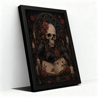 Impression sur toile, crâne gothique avec roses rouges et corneilles noires