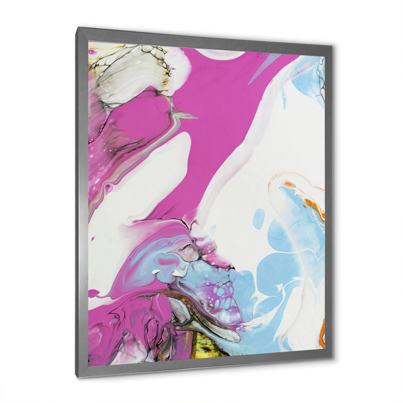 Rose, bleu et jaune liquide Art IV - peinture sur toile, H 20 po x l 12 po x P 1 po, Cadre de coin argenté fermé