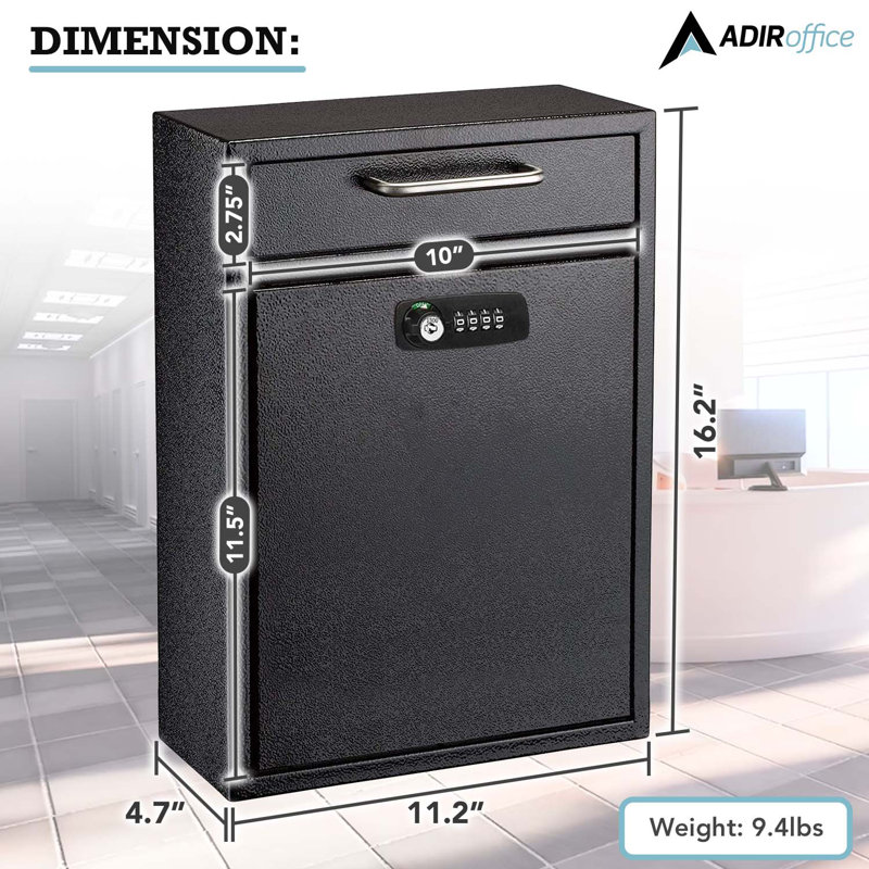 Medium Drop Box Wall Mounted Locking Mailbox With Key And Combination Lock, Black, 16.2" H x 11.2" W x 6.7" D