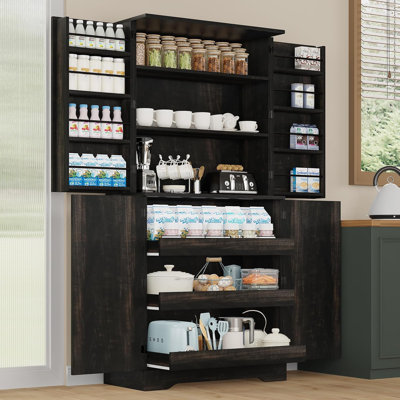 72" Kitchen Pantry Storage Cabinet, Farmhouse Pantry Cabinet with 8 Hanging Rack Shelves & 3 Pull-Out Racks, Pantry Storage Cabinet, Freestanding Cupb