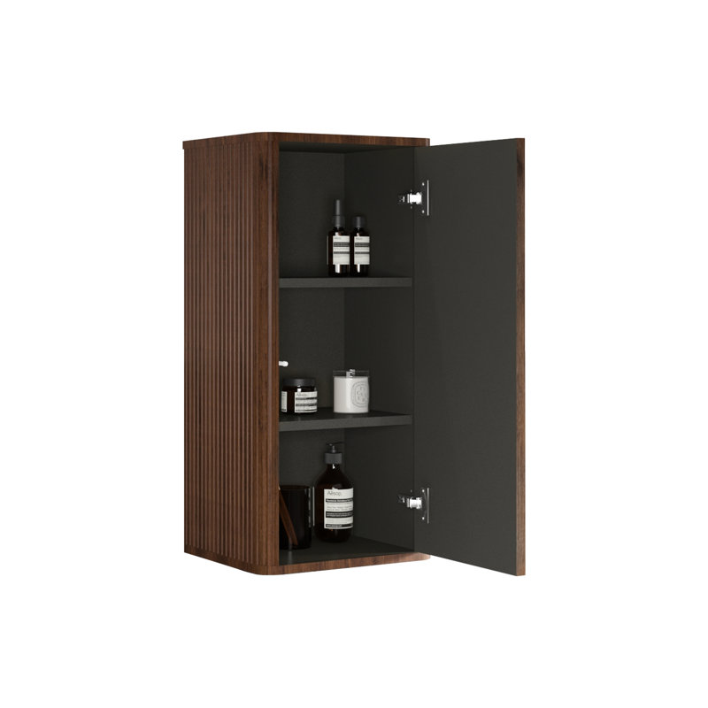 Armoire de salle de bain flottante, conception en noyer rayé, porte à ouverture par pression, tablette à l'intérieur pour un rangement ordonné, configuration sécuritaire et courbée, création en bois d'ingénierie en noyer, style, fabriqué