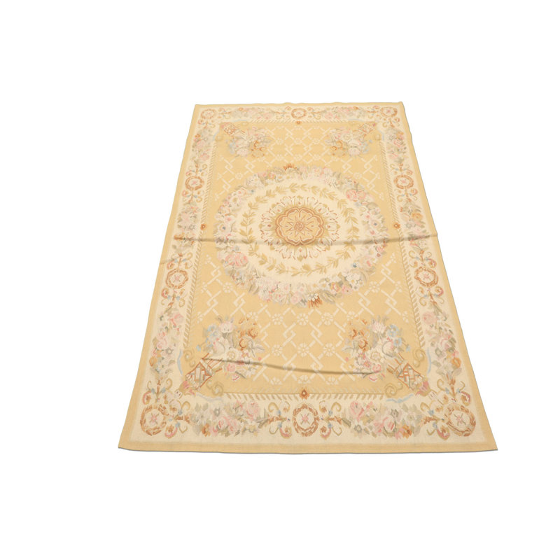 Tapis traditionnel français en laine tissé à la main kaki 4 x 6 Aubusson