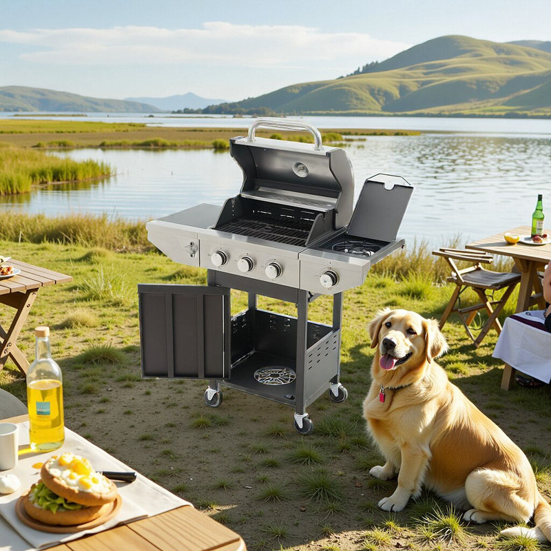Barbecue au propane 3/4 brûleur au gaz en acier inoxydable avec brûleur latéral, cuisson extérieure 37 000/46 500 BTU
