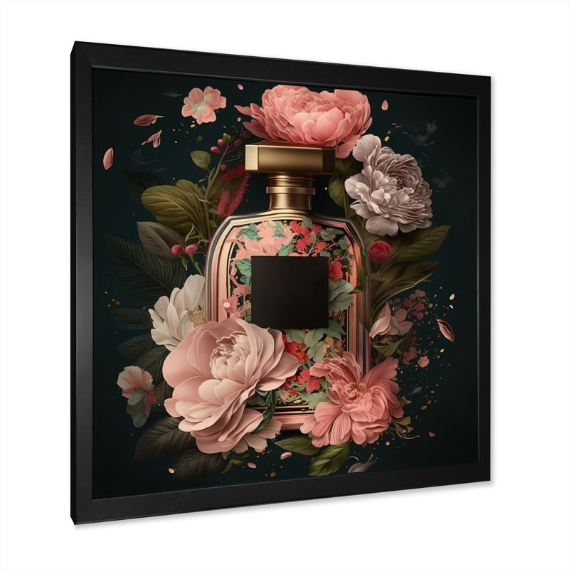 «Elegant Floral Perfume Bottle I», reproduction sur toile, Impression noire sur toile encadrée, L 16 po x H 16 po