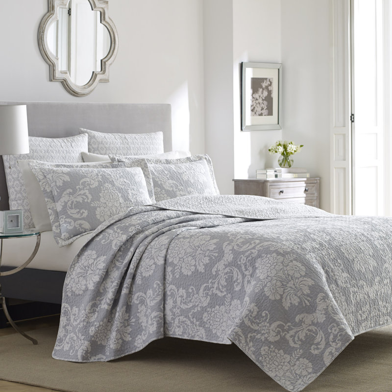 Laura Ashley Venetia Reversible Cotton Quilt Set, Full/Queen Quilt + 2 Shams, Gray