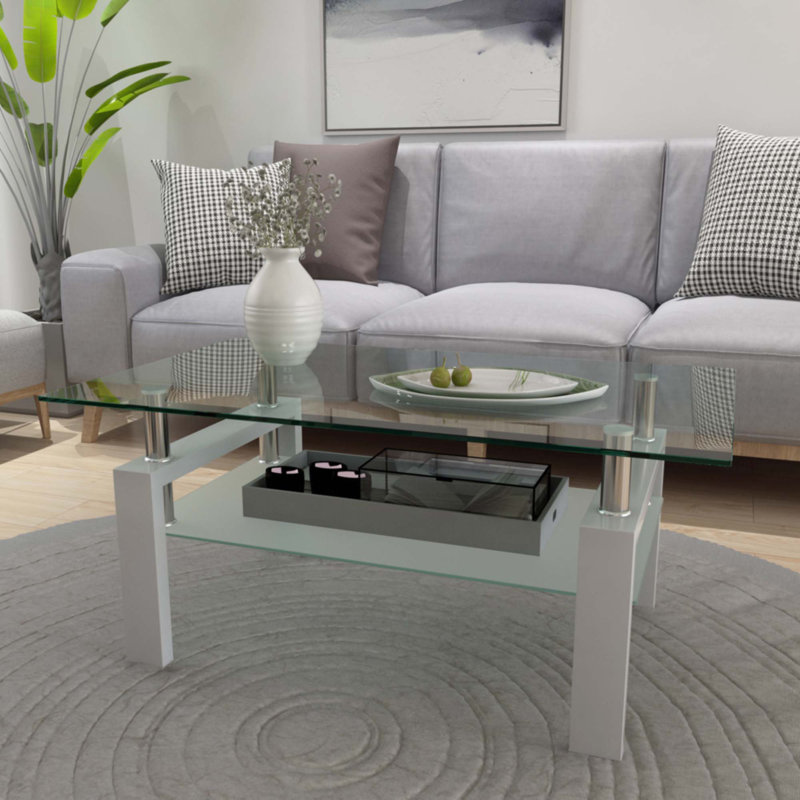 Table basse rectangulaire en verre, Blanc, Transparent, H 17,7 po x L 38,6 po x l 22,6 po