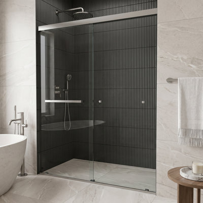 Porte de douche coulissante double en nickel brossé avec verre trempé transparent VIGO Satro E-Class l 52 po à 60 po x H 74 po