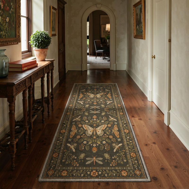 Tapis de couloir vert / brun lavable à la machine à imprimé animal avec envers antidérapant, Tapis de couloir de 2 pi x 7 pi