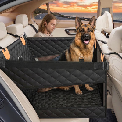 Spacious back seat extender designed for large dogs; features three mesh windows for ventilation, a waterproof exterior, and a 4-section rigid bottom for stability; functions as a protective seat cover for cars, trucks, and SUVs; black finish.