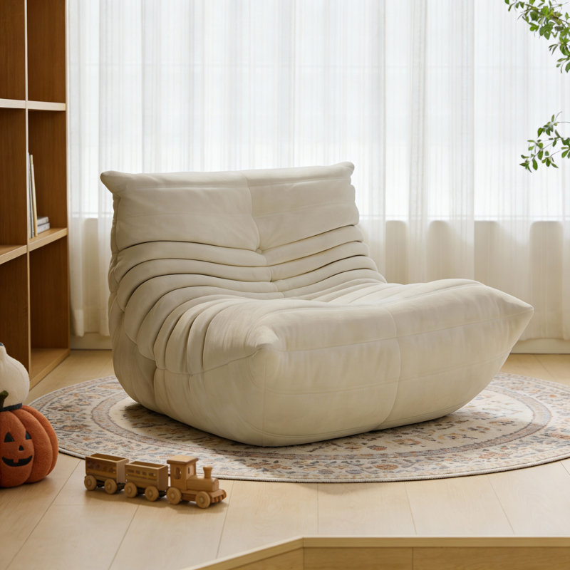 Soft Curved Chair, Beige Velvet Fabric with High-Resilience Foam, Wide, Frame-Free Fast Dispatch From UK Warehouse – Dispatched Within Days