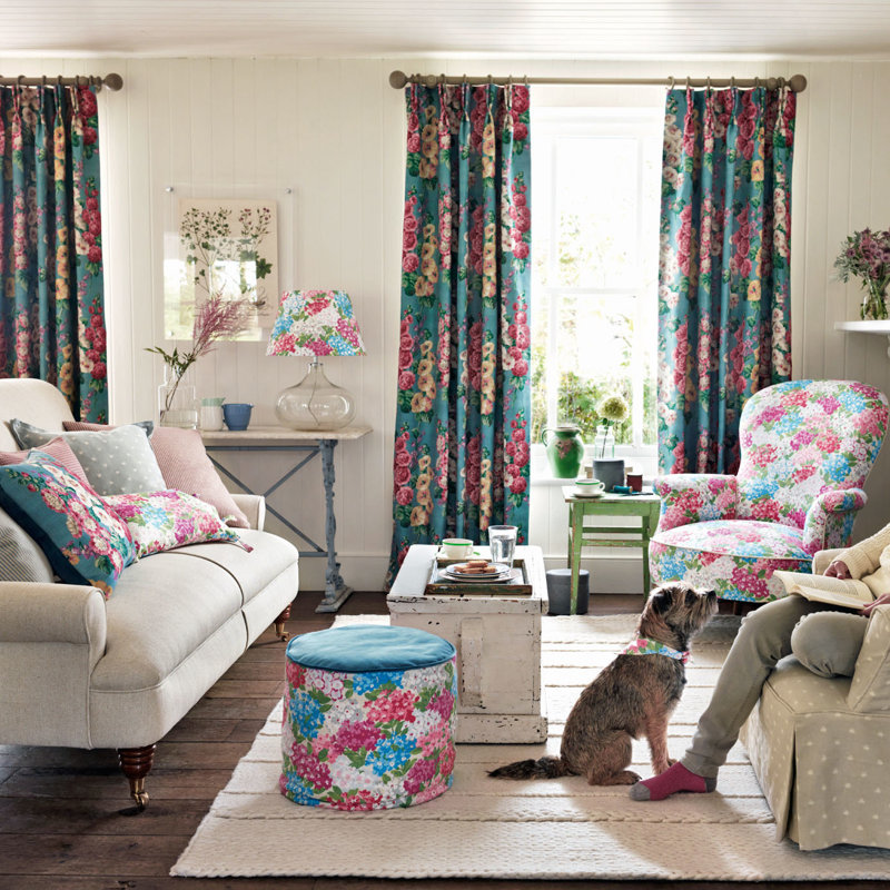 Hollyhocks Fabric, Petrol Blue/Multi
