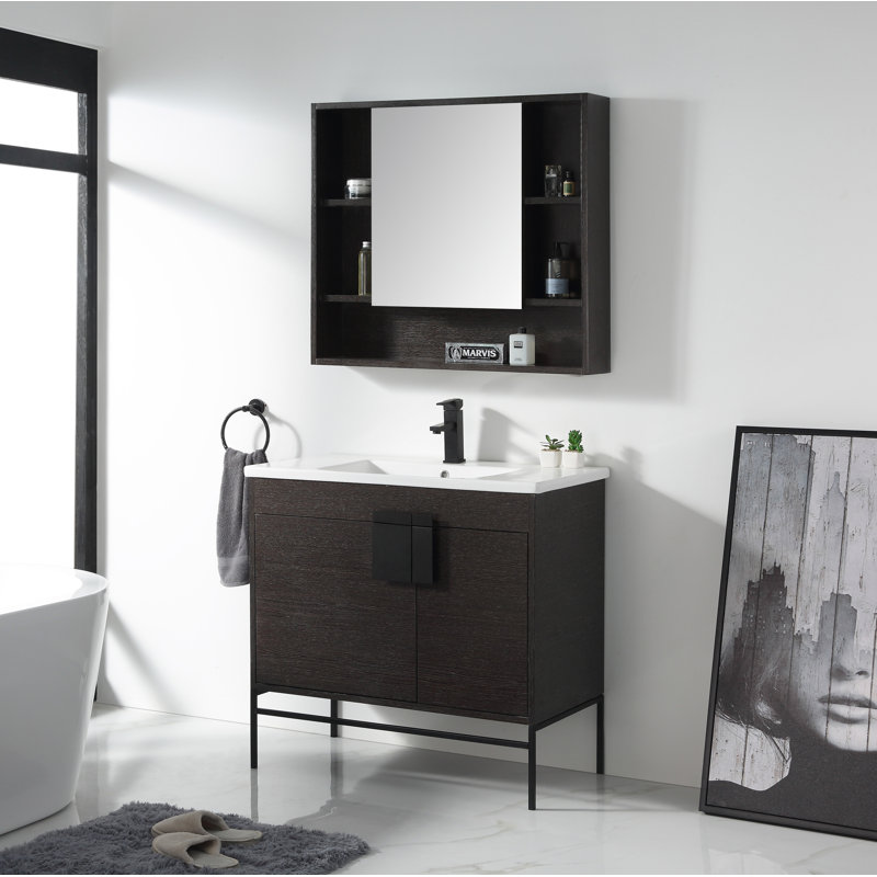 Ensemble de meuble-lavabo simple 36 po Maisie, Noir mat, Chêne noir à grain droit
