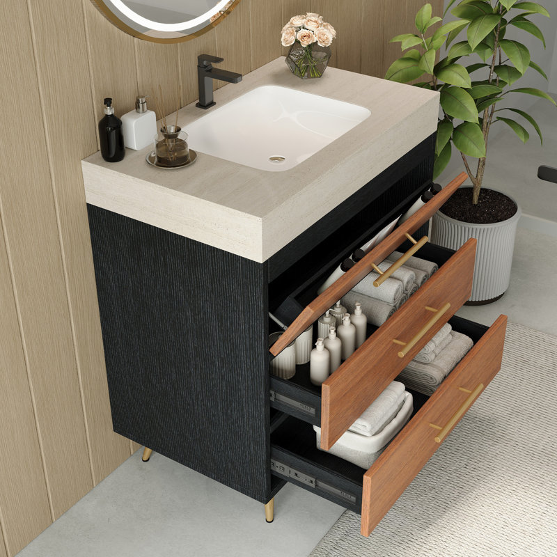 Meuble-lavabo moderne avec lavabo vasque et plateau en pierre frittée pour salle de bain