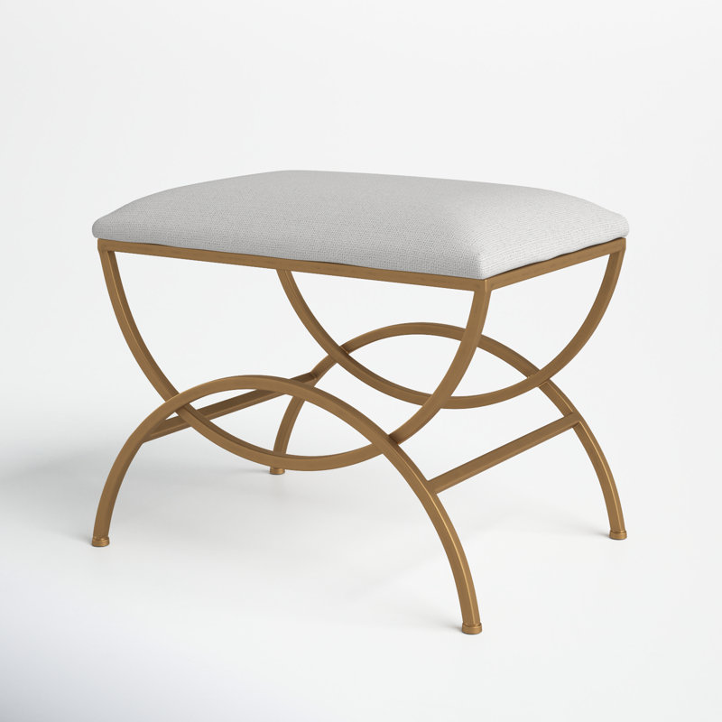 Off-White Upholstered Iron Accent Stool with Brass Finish