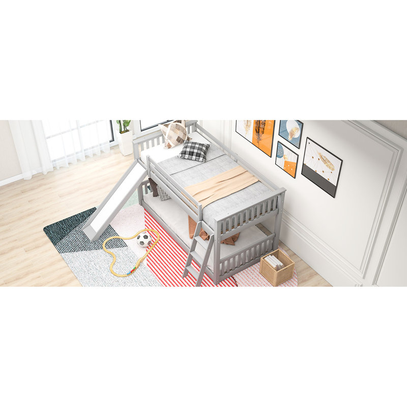 Lit simple superposé simple avec glissière convertible et couleur grise, structure en bois de pin, assemblage simple, bas pour des espaces compacts, finition simple / simple pour une utilisation familiale, structure, chambres à coucher convenables, pleine longueur