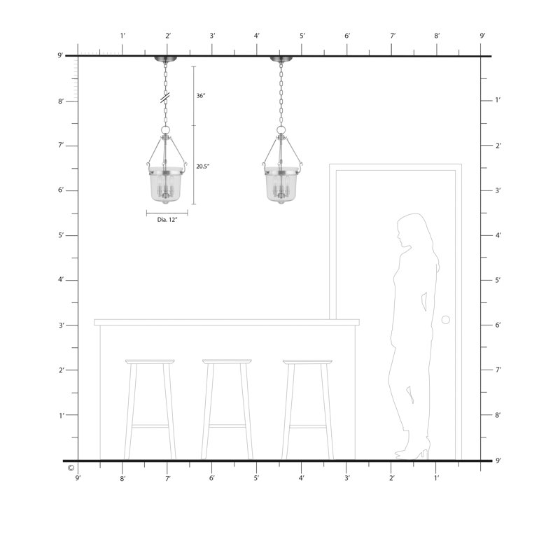 Luminaire suspendu à 3 lumières Walbridge, Bronze, H 20,5 po x l 12 po x P 12 po