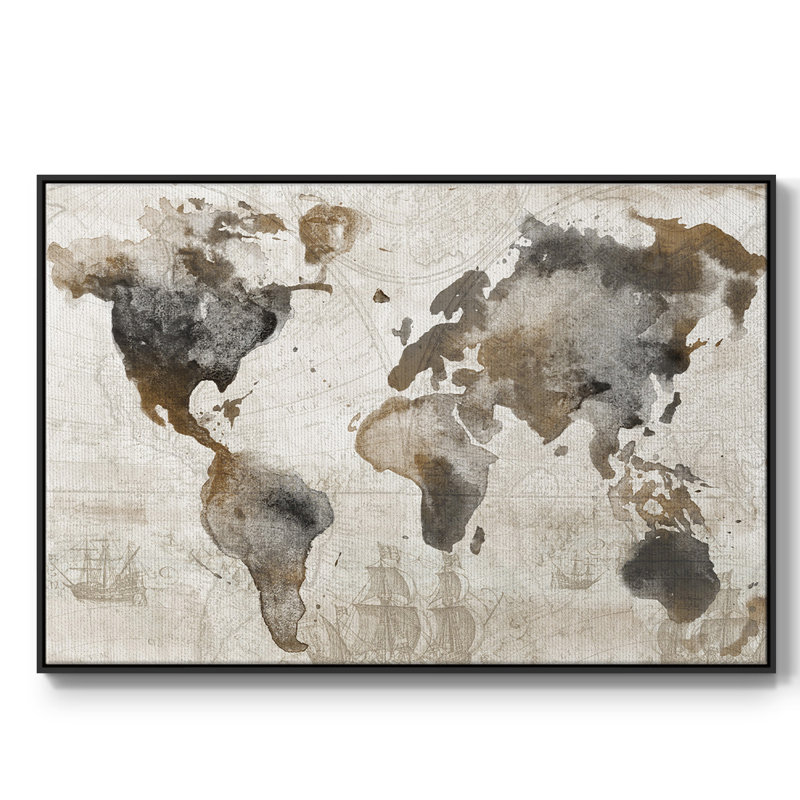 Carte antique encadrée sur toile, Noir, H 25 po x l 37 po x P 2 po
