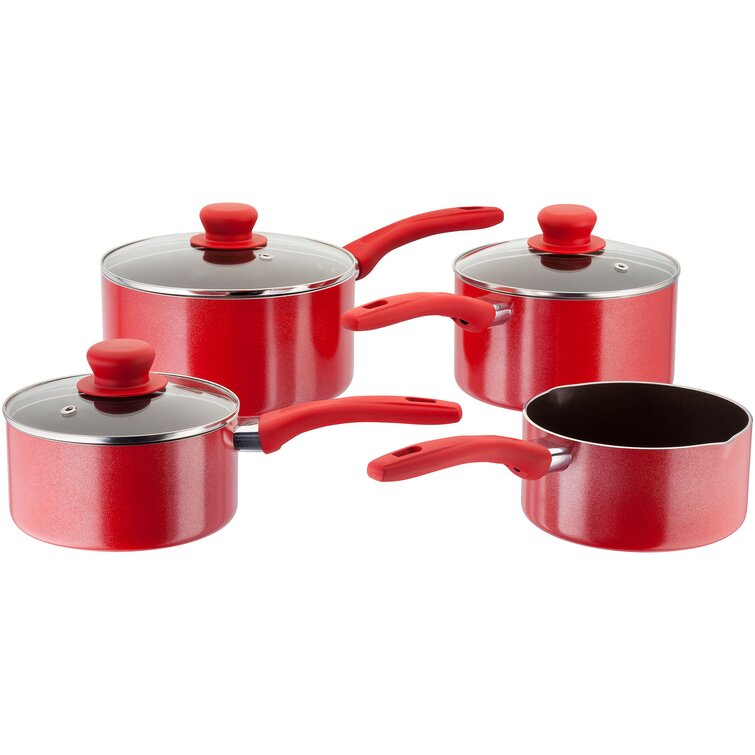Judge Radiant, 4 Piece Non-Stick Red Saucepan Set. 16cm Milk Pan, 16/18/20cm Saucepans