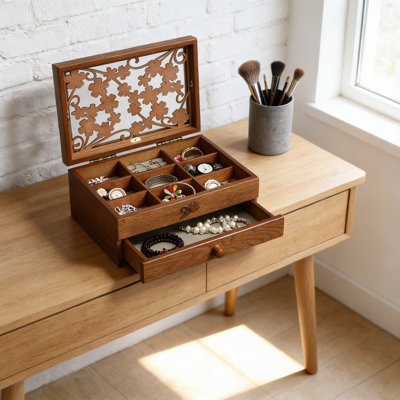 Boîte à bijoux en bois massif avec tiroir amovible et couvercle - Organisateur de rangement pour bijoux à 9 compartiments pour femmes