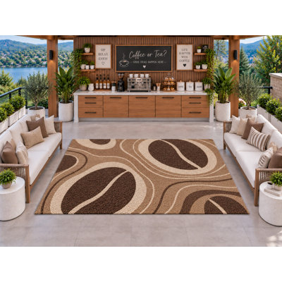 Tapis d'extérieur 5' x 7' à motif ondulé de grains de café, en PVC épais, imperméable et résistant, à boucles enroulées, idéal pour une terrasse, un patio, un intérieur ou un extérieur, avec séchage rapide, pour cuisine, porche, terrasse, balcon ou entrée.
