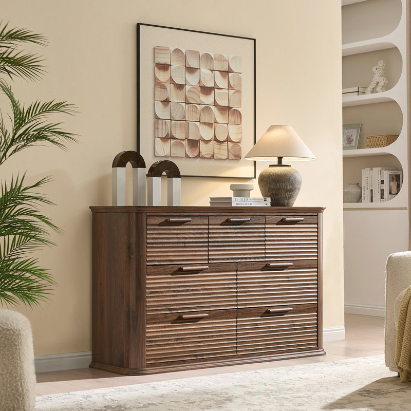 Fluted 7 Drawer Dresser, 52 Inch Wide Modern Wood Chest With Curved Profile, Ideal For Bedroom And Living Room Storage, TV Stand
