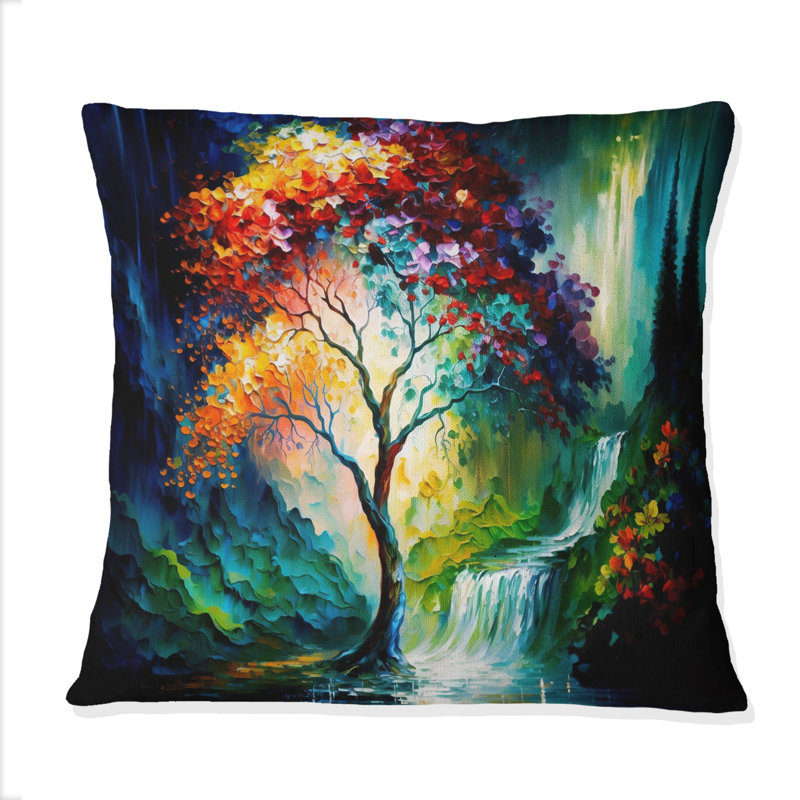 Grand arbre au milieu de la forêt pendant l'automne I - Coussin décoratif imprimé arbre