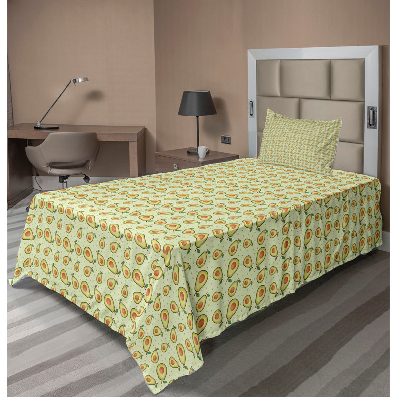 Ambesonne Tropical Sheet Set Avocado Fruits with Dots Orange and Lime Green