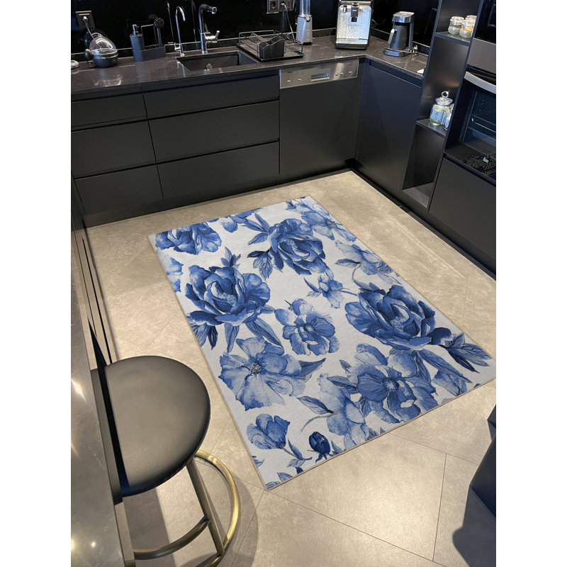 Tapis décoratif moderne à motif floral rose et bleu-beige, Tapis de couloir 3 pi 3 po x 9 pi 10 po
