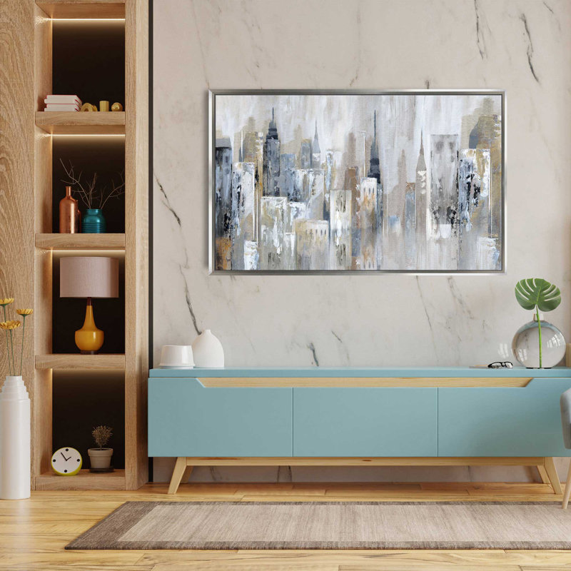 Bay City Reflection - peinture sur toile à cadre flottant, L 43,5 po x H 27,5 po, Encadrement argenté
