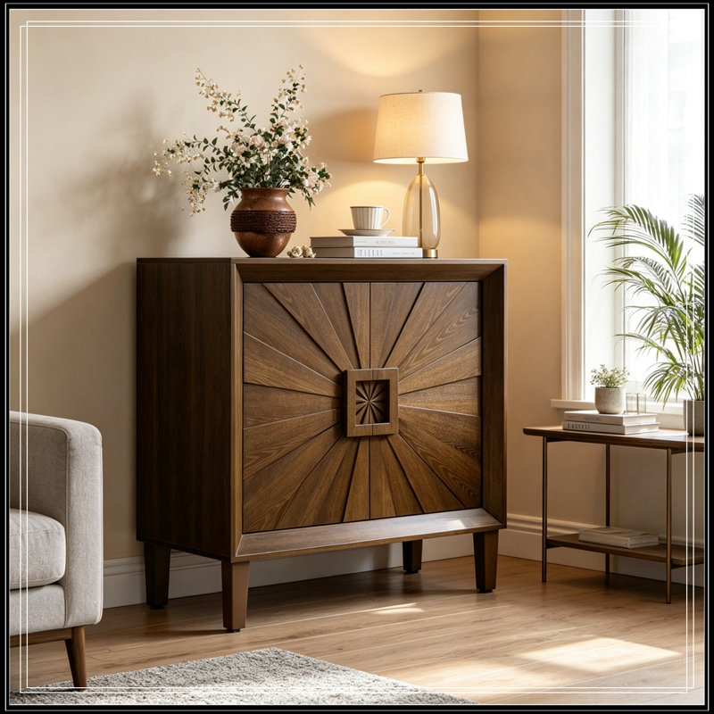 Armoire de rangement avec portes symétriques Sunburst et tablettes réglables, Noyer