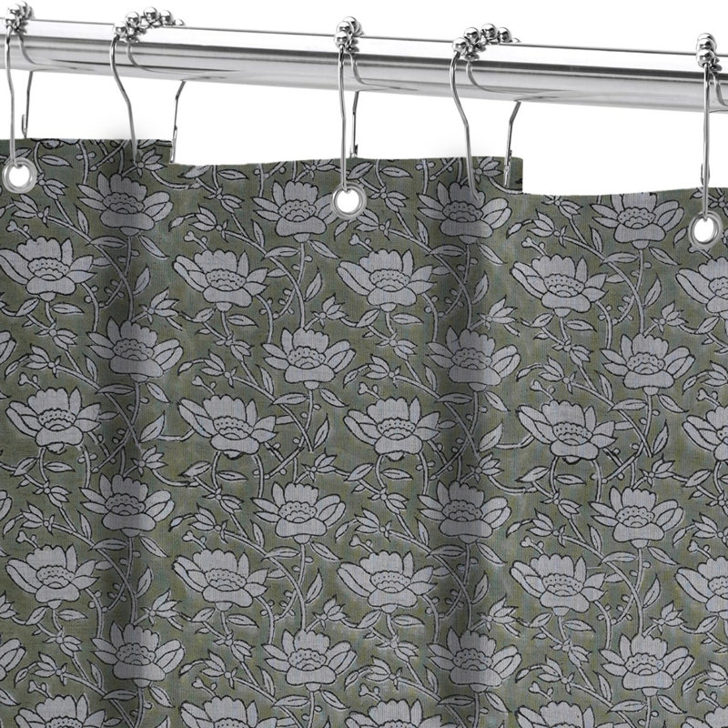 Rideau de bain en lin à imprimé éthique fabriqué en blocs | 100% lin |  Eco Decor, Dhruv, vert, H 108 po x l 26 po