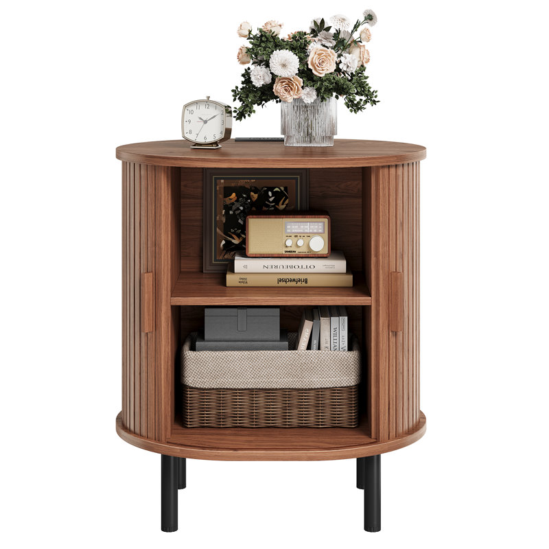 23.5"H Wooden Round End Table With Charging Station, Walnut, 1