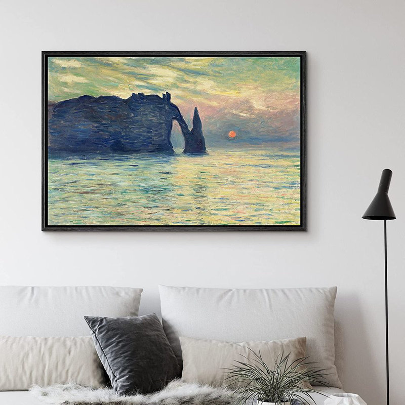 Claude Monet, la falaise, Étretat, coucher de soleil - Peinture sur toile, L 24 po x H 36 po, Noir