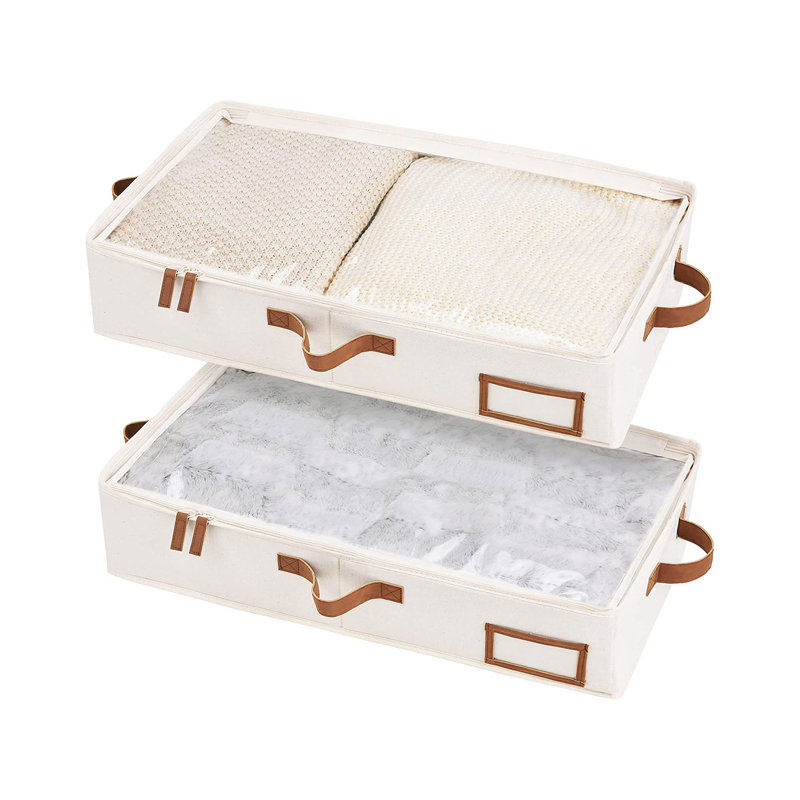 Ivory Fabric Collapsible Under Bed Storage Boxes with Handles