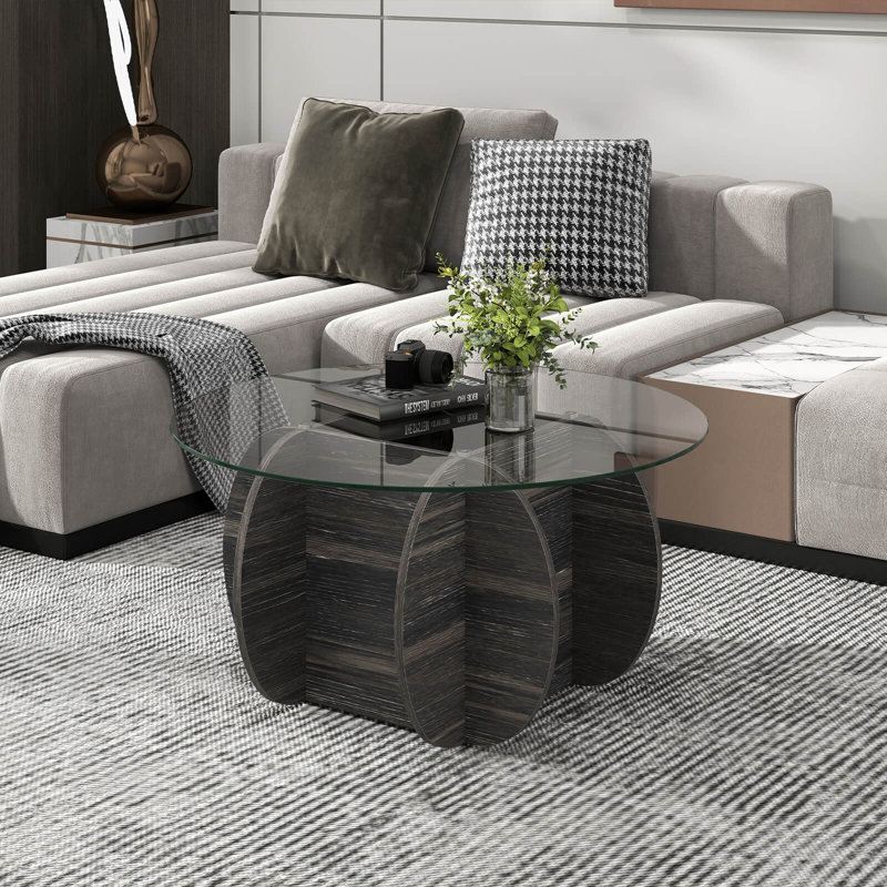 35" Round Coffee Table Modern Accent Table with Tempered Glass Top for Living Room