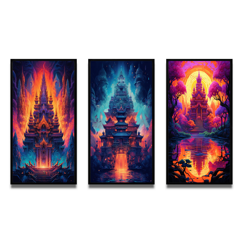 Thai Buddhist Temple Spiritual Dreamscape I - Buddhism Art Set Of 3 Pieces, H 40 po x l 60 po, Cadre flottant noir