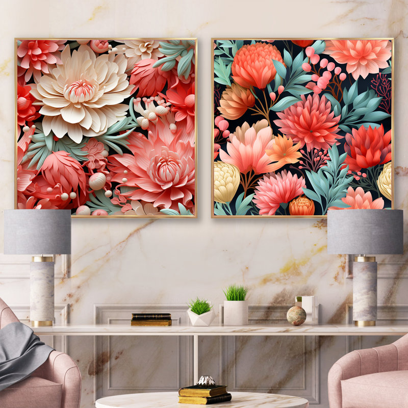Lasone - Ensemble de 2 collages floraux carrés, Cadre flottant doré, H 36 po x l 73 po