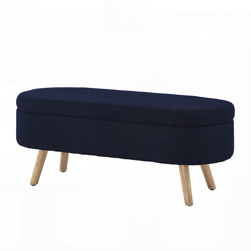 Luxury Oval Boucle Storage Ottoman Bench with Wood Legs, 350lb Weight Capacity Safety Hinge, for Living Room, Bedroom, Entryway