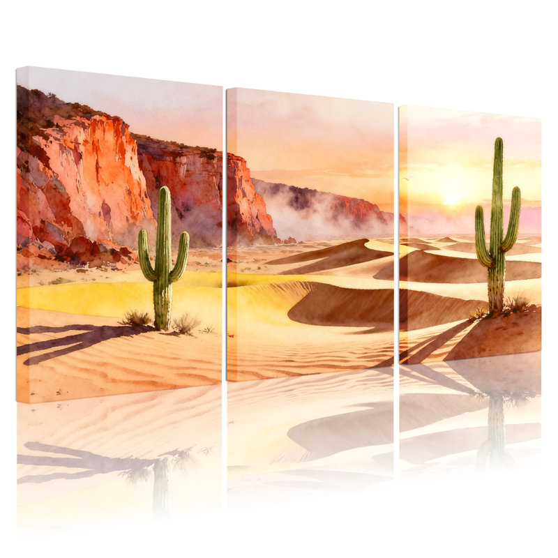 «Landscape & Nature Desert Landscape with Cactus and Sunset», ensemble de 3 impressions sur toile, H 18 po x l 36 po
