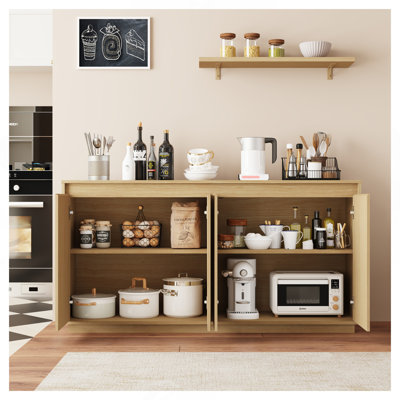 4 Door Sideboard Buffet Cabinet with Power Outlet, Wavy Texture Accent Cabinet with No-Handle Design (Door Top Edge Opening), Freestanding Storage Cabinet for Dining Room Living Room Entryway Natural