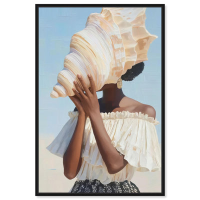 Shell Listener Canvas Print Coastal Glam Decor by Art Remedy, Black Frame, 24 x 36