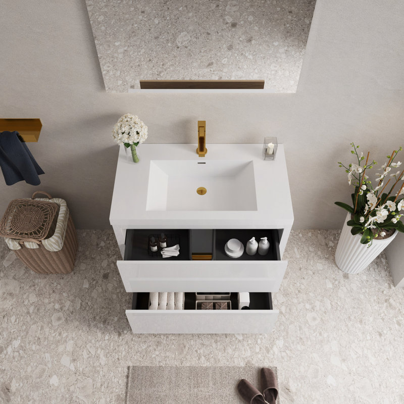 Meuble-lavabo sur pied 36 po avec lavabo, meuble-lavabo avec comptoir en résine de pierre et tiroirs à fermeture en douceur 36 po