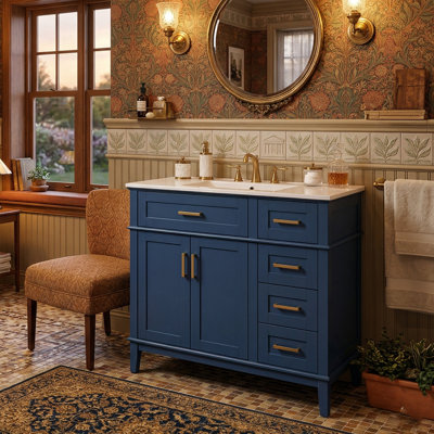 Meuble-lavabo moderne de 36 pouces avec lavabo intégré, armoire en bois massif avec 4 tiroirs diversifiés et poignées dorées élégantes