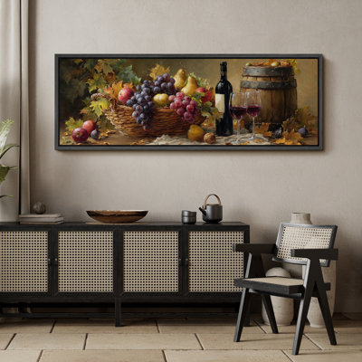 Rustic Harvest Fruit Basket with Grapes Pears Wine Bottle and Barrel Still Life - Large encadrée, reproduction d'art sur toile encadrée