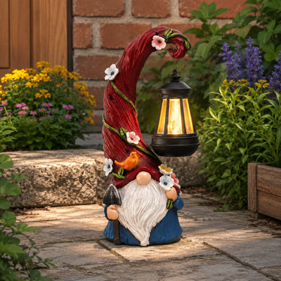 Gnome Garden Statue with Solar Lantern Light, Whimsical Outdoor Decor for Patio or Yard, Delightful Gift for Mom Who Loves Gnomes